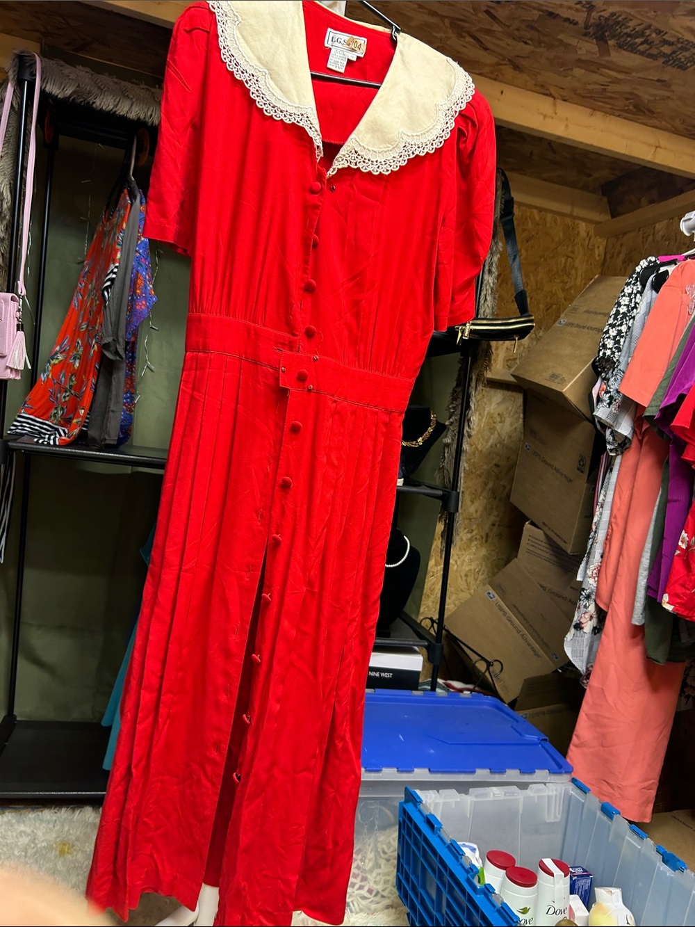 L.G.Star Red Midi Dress with Cream Lace Collar Size 14